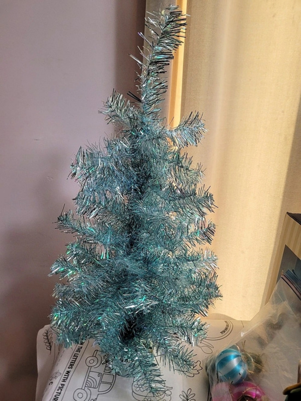 Teal Tinsel Christmas Tree
 2 FT Tall.